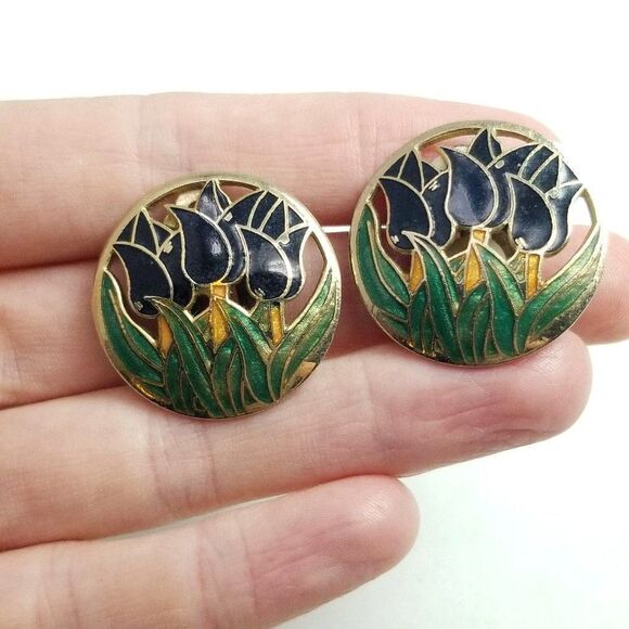 Vintage Enamel Tulip Design Clip On Earrings, Retro Floral Round Shape, Estate - Picture 1 of 6